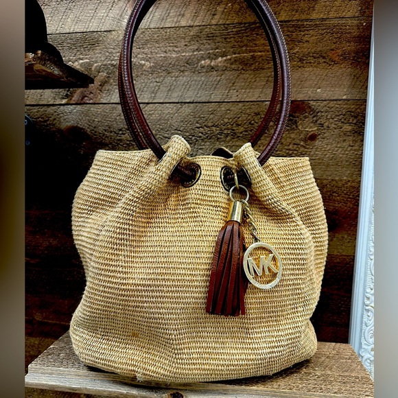 Michael Kors Straw Tote with Leather Handles & Tassel Charm - Picture 1 of 10